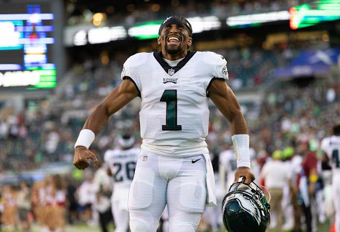 Philadelphia Eagles quarterback Jalen Hurts (1) reacts as his team takes the field for a game against the New York Jets at Lincoln Financial Field.